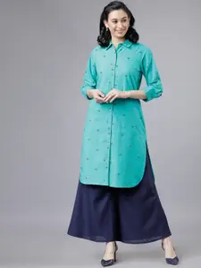 Vishudh Women Turquoise Woven Motifs Straight Kurta