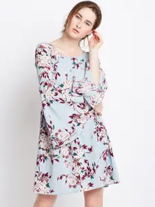 Berrylush Women Blue Floral Print Fit and Flare Dress