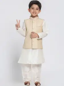 VASTRAMAY Boys Cream-Coloured Self Design Kurta with Churidar & Jacket