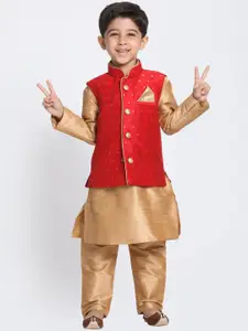 VASTRAMAY Boys Gold-Coloured & Maroon Solid Kurta with Churidar & Jacket