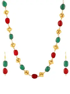 AccessHer Women Gold-Toned & Red Traditional Necklace with Earrings