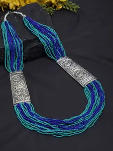 Moedbuille Silver-Plated & Blue Multi Layered Afghan Design Oxidised Necklace