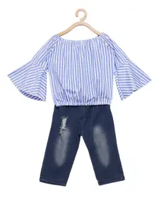 Camey Girls Blue & White Striped Top with Jeans