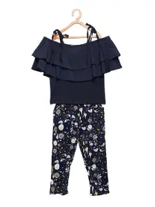 Camey Girls Navy Blue Solid Top with Trousers