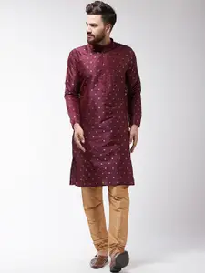SOJANYA Men Burgundy & Gold-Coloured Self Design Kurta with Churidar