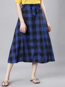 Tokyo Talkies Women Blue & Black Checked A-Line Midi Skirt