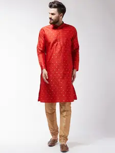 SOJANYA Men Orange & Gold-Coloured Self Design Kurta with Churidar