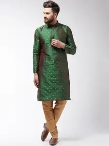 SOJANYA Men Green & Gold-Coloured Self Design Kurta with Churidar