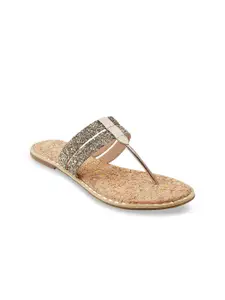 Metro Women Gold-Toned Solid T-Strap Flats
