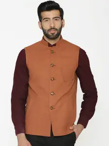 Wintage Men Rust Orange Woven Design Nehru Jacket