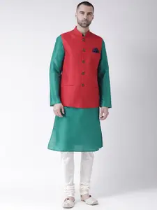 KISAH Men Green & White Self Design Kurta with Churidar & Nehru Jacket