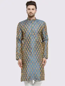 Jompers Men Teal Blue & Golden Woven Design Straight Kurta