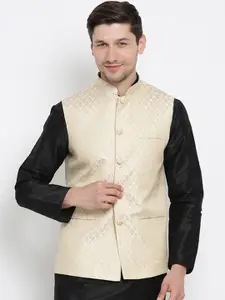VASTRAMAY Men Cream-Coloured Woven Design Nehru Jacket