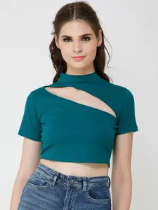 Cation Women Teal Blue Solid Fitted Crop Pure Cotton Top