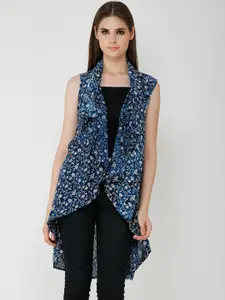 Cation Women Navy Blue Printed Open Front Shrug
