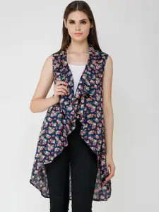 Cation Women Navy Blue Printed Open Front Shrug