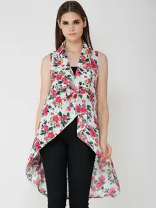 Cation Women White & Pink Printed Open Front Shrug
