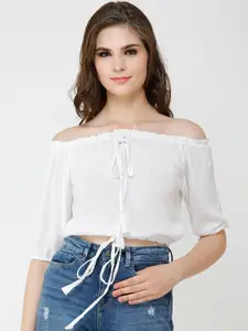 Cation Women White Solid Bardot Crop Top