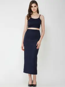Cation Women Navy Blue Solid Top with Skirt