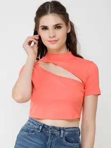 Cation Women Coral Orange Solid Fitted Crop Pure Cotton Top