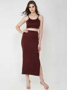 Cation Women Maroon Solid Top with Skirt