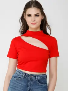 Cation Women Red Solid Pure Cotton Fitted Crop Top