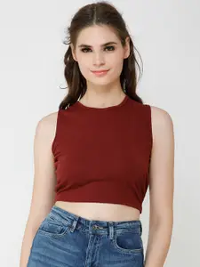 Cation Women Maroon Solid Styled Back Crop Pure Cotton Top