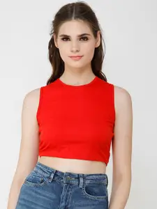 Cation Women Red Solid Styled Back Crop Pure Cotton Top