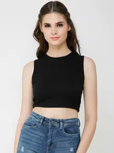 Cation Women Black Solid Styled Back Crop Pure Cotton Top