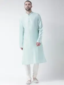 KISAH Men Turquoise Blue & White Solid Kurta with Churidar