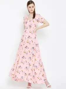 Berrylush Women Pink & Blue Floral Printed Maxi Dress