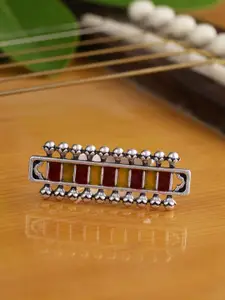 Voylla Women Oxidised Silver-Plated, Red & Yellow Enamelled Adjustable Finger Ring