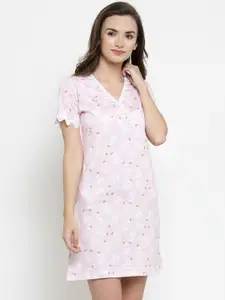 Claura Pink & White Pure Cotton Printed Nightdress