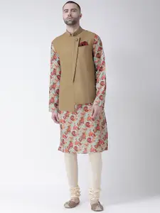 KISAH Men Beige & Coral Red Printed Kurta with Churidar and Nehru Jacket