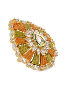 ANIKAS CREATION Women Gold-Plated & Green American Diamond Studded With Kundan Finger Ring