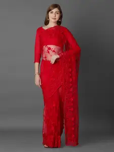 Mitera Red Embroidered Net Saree