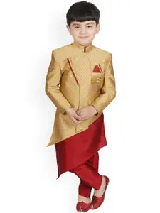 SG YUVRAJ Boys Golden-Coloured & Red Self Design Kurta with Trousers