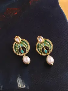 Voylla Gold-Toned & Green Circular Drop Earrings