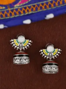 Voylla Silver-Plated & Yellow Enamelled Dome Shaped Jhumkas