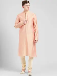 KISAH Men Peach-Coloured & Cream-Coloured Self Design Kurta with Churidar