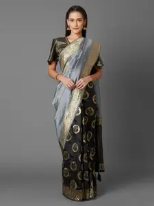Mitera Grey & Black Silk Blend Woven Design Kanjeevaram Saree