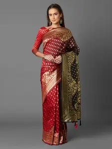 Mitera Maroon & Black Silk Blend Woven Design Kanjeevaram Saree