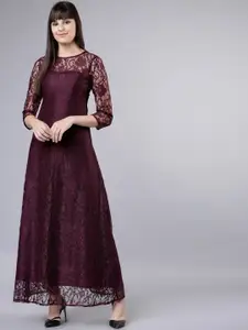 Tokyo Talkies Maroon Self Design Maxi Dress