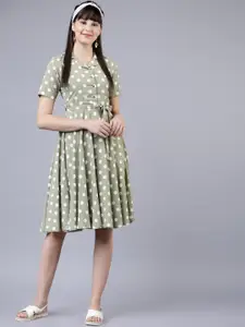 Tokyo Talkies Women Green & White Polka Dots Printed Shirt Dress