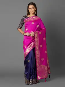 Mitera Pink & Navy Blue Silk Blend Woven Design Kanjeevaram Saree