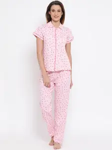 Clovia Women Pink Printed Night suit LS0025P22