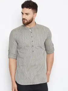 even Men Green Striped Straight Kurta