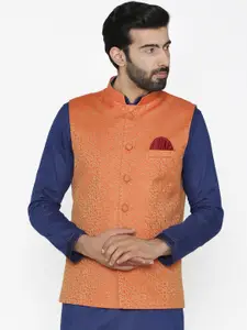 Wintage Men Orange Woven Design Nehru Jacket
