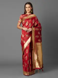 Mitera Red Silk Blend Woven Design Kanjeevaram Saree