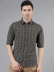LOCOMOTIVE Men Olive Brown & Mustard Yellow Slim Fit Checked Casual Shirt